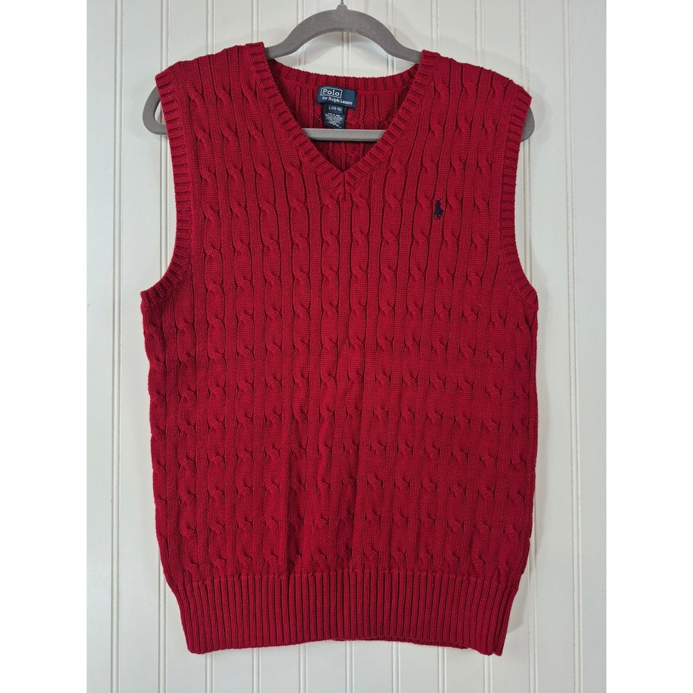Polo Ralph Lauren Boys Red Cable Knit Sweater Vest V-Neck Cotton Size L 14-16